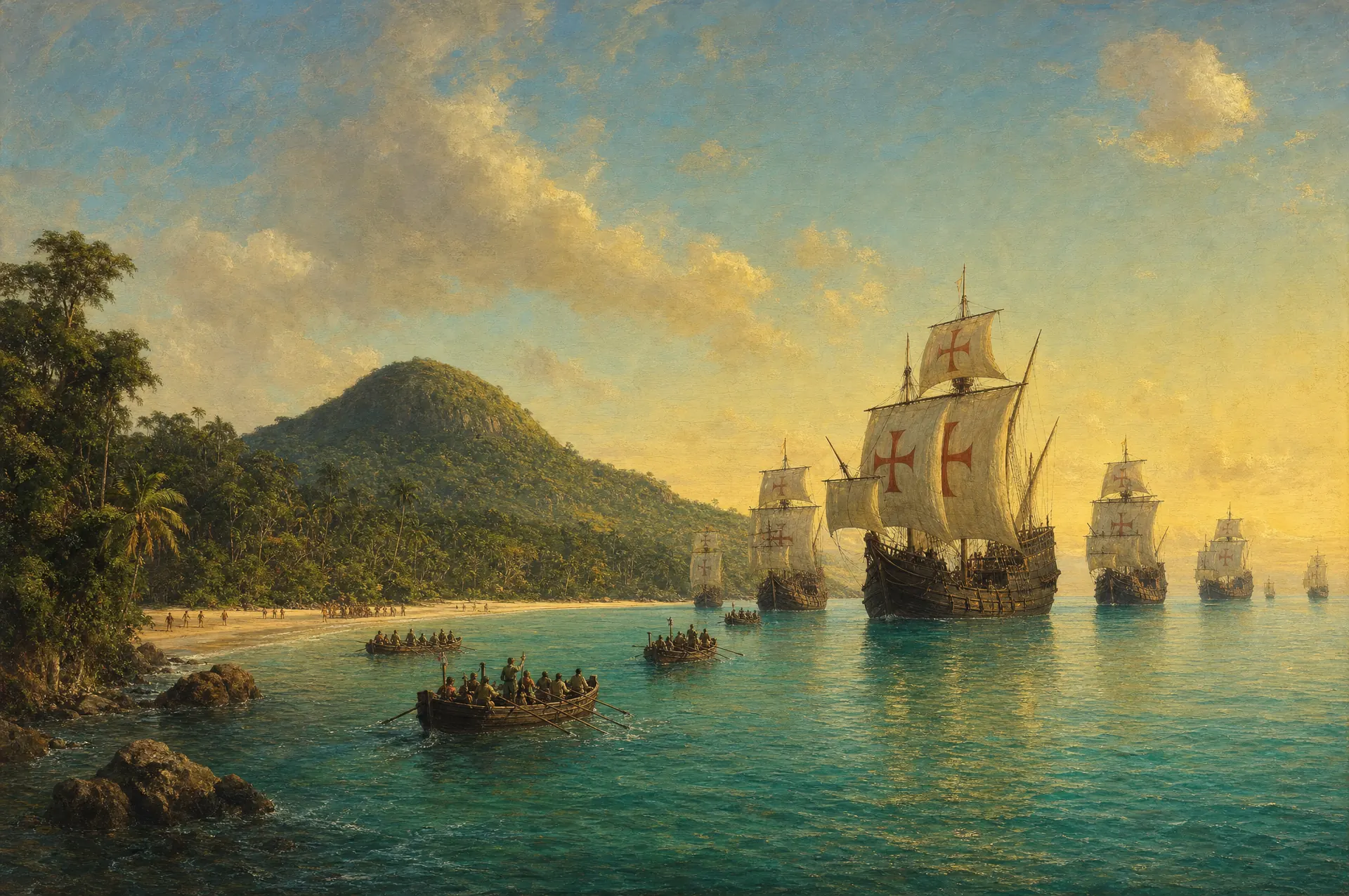 Pintura de época: A frota de Pedro Álvares Cabral, com a cruz da Ordem de Cristo nas velas, chega ao litoral da Bahia em abril de 1500.
