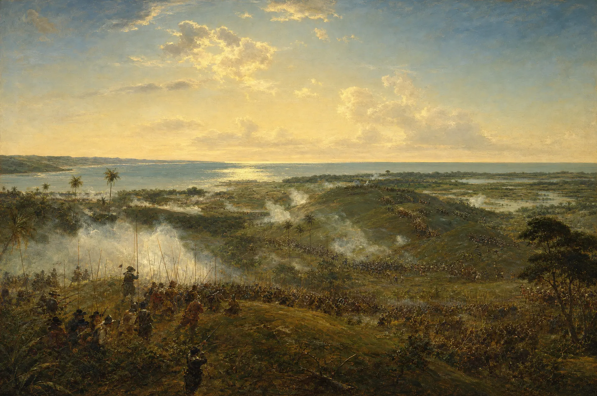 Pintura de época: A Batalha dos Guararapes, em 1648, nos morros perto do Recife.