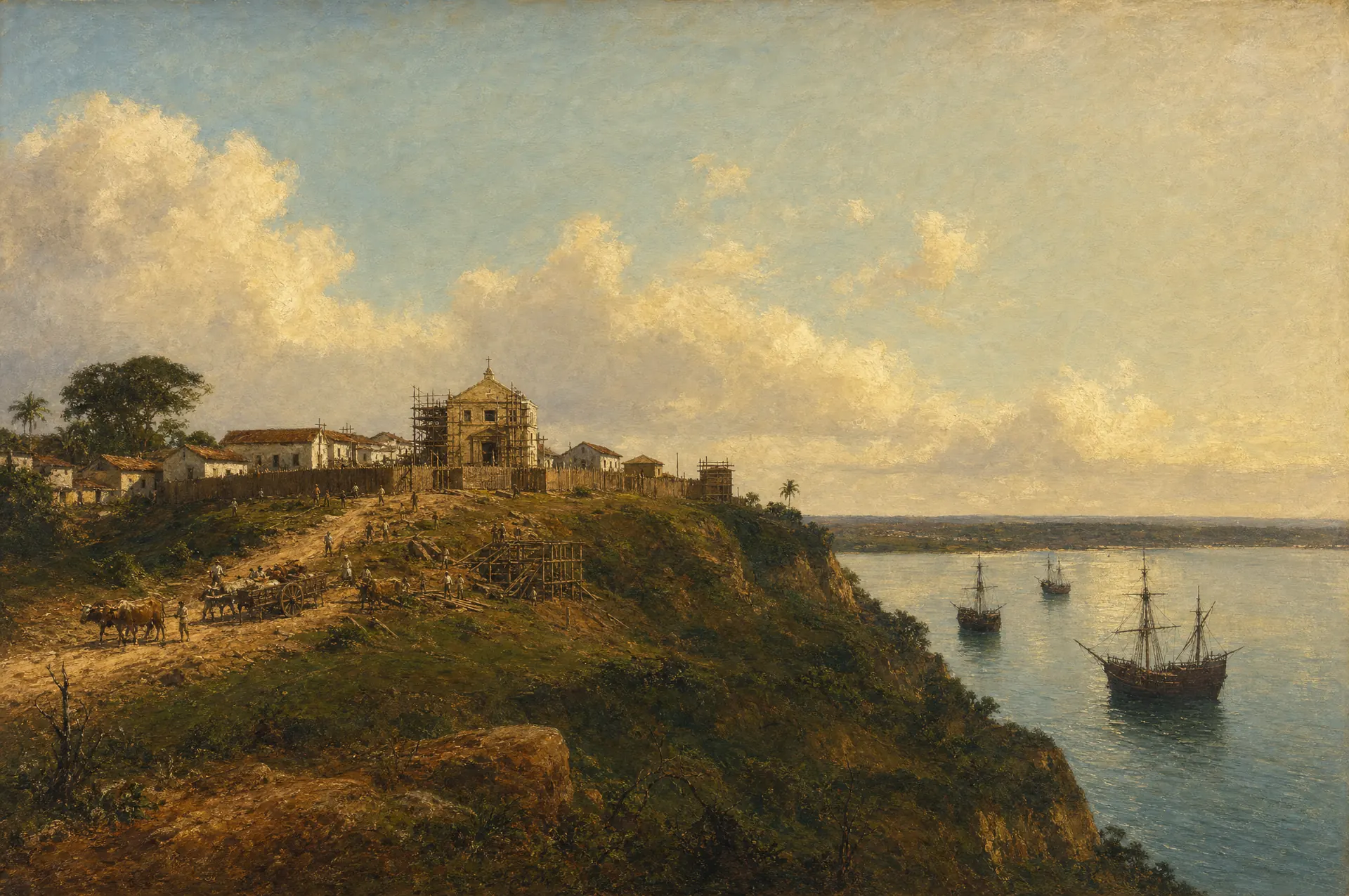 Pintura de época: Salvador nasce no alto da escarpa sobre a Baía de Todos os Santos, em 1549.