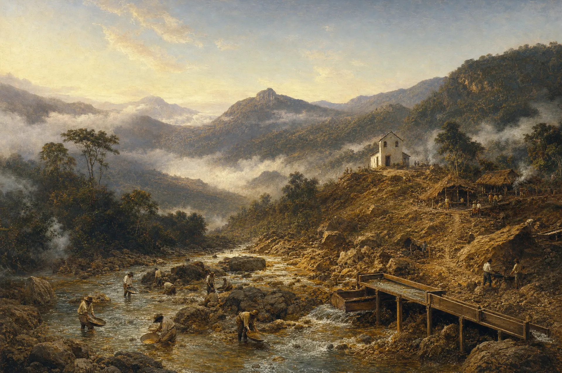 Pintura de época: Garimpeiros nos rios de Minas Gerais, onde o ouro foi encontrado na década de 1690.