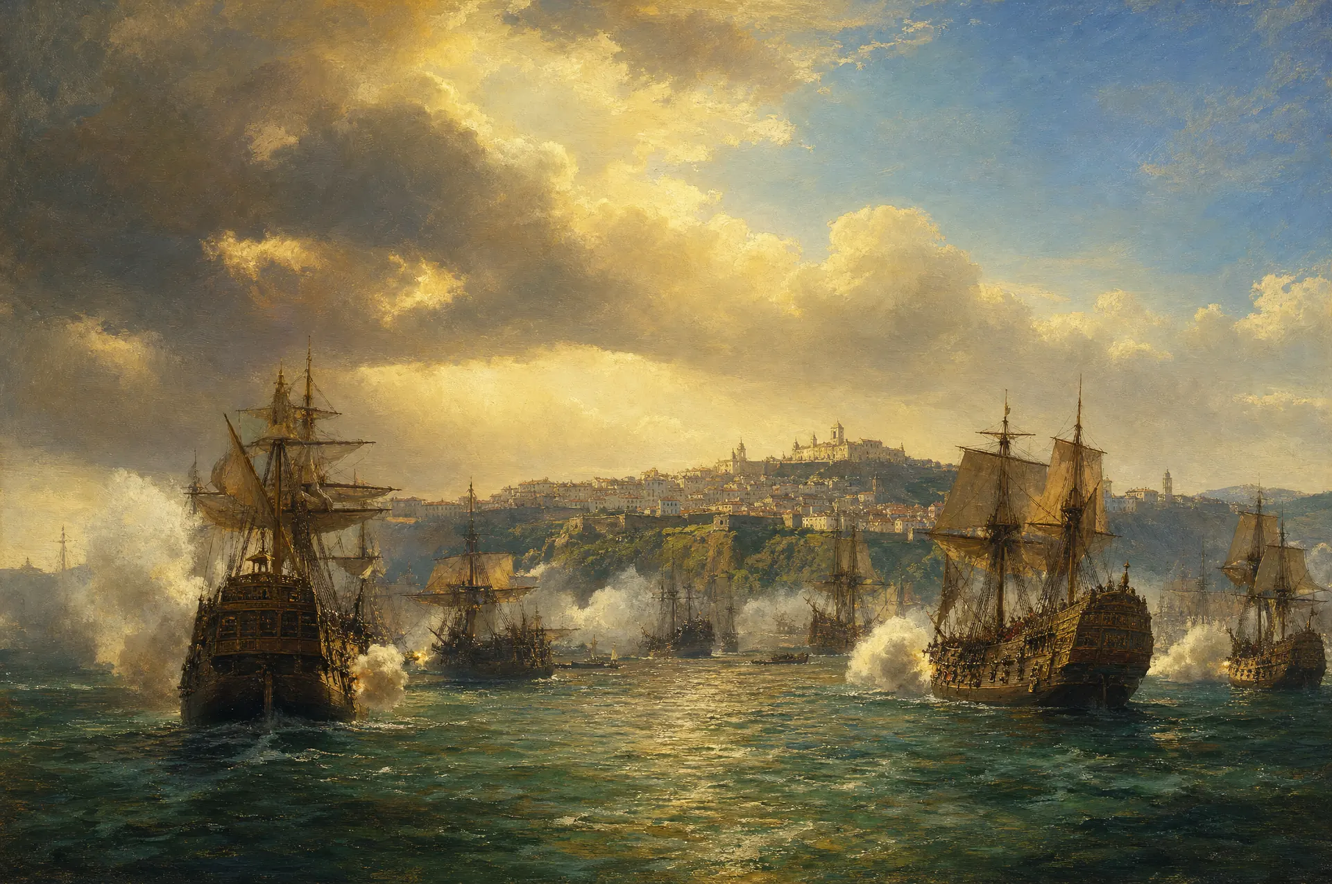 Pintura de época: Galeões em combate na Baía de Todos os Santos: os holandeses tomaram Salvador em 1624.