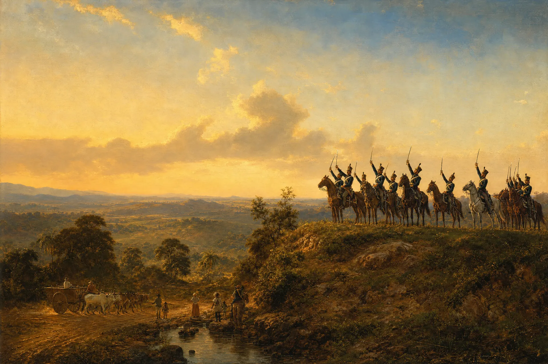 Pintura de época: Dragões imperiais saúdam a Independência perto de São Paulo, em setembro de 1822.