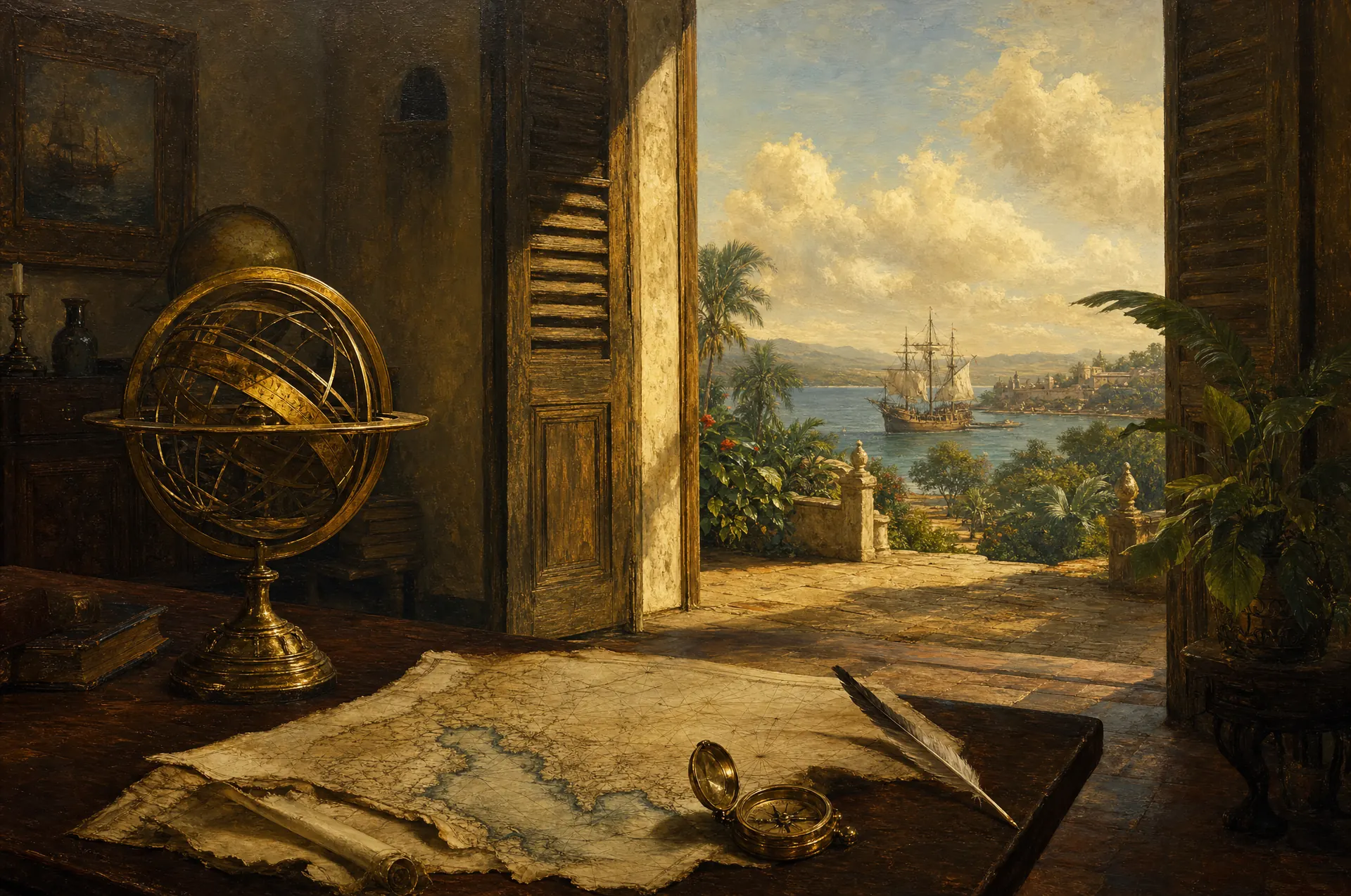 Pintura de época: A esfera armilar dourada, símbolo das navegações, sobre a mesa de um cartógrafo.