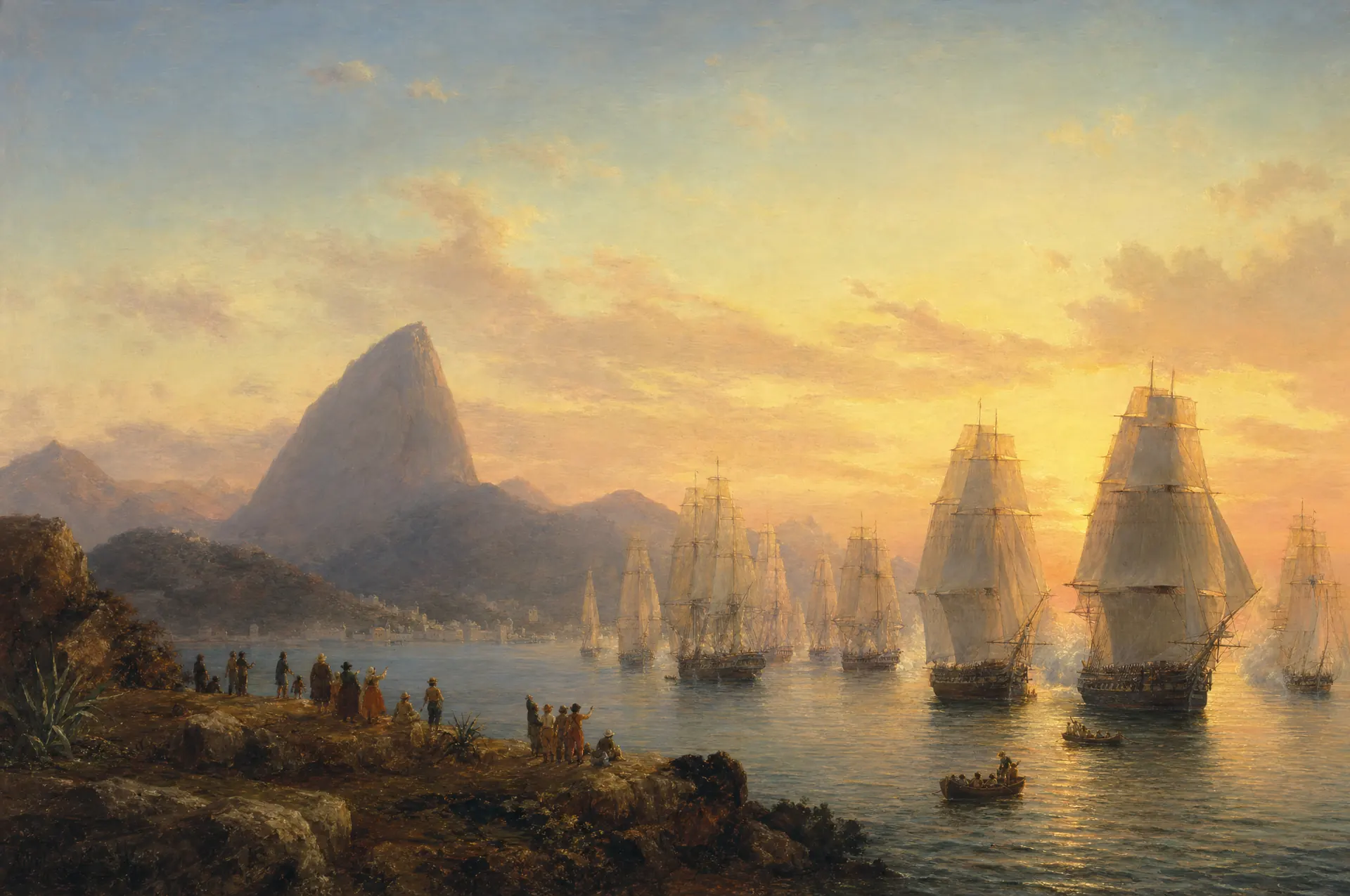 Pintura de época: A frota de D. João VI deixa a Baía de Guanabara rumo a Lisboa, em abril de 1821.