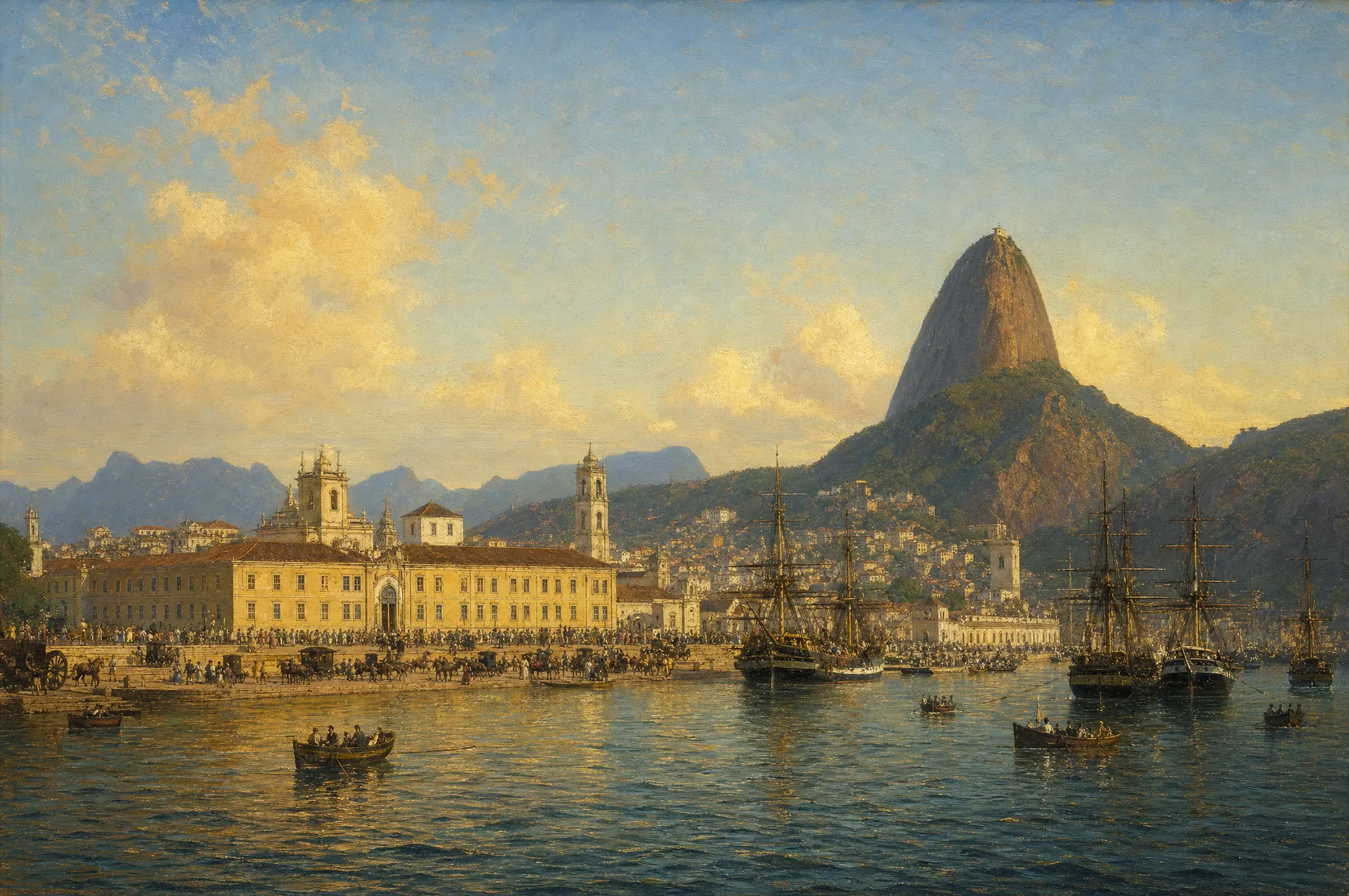 Pintura de época: O Rio de Janeiro de 1816, sede do Reino Unido de Portugal, Brasil e Algarves.