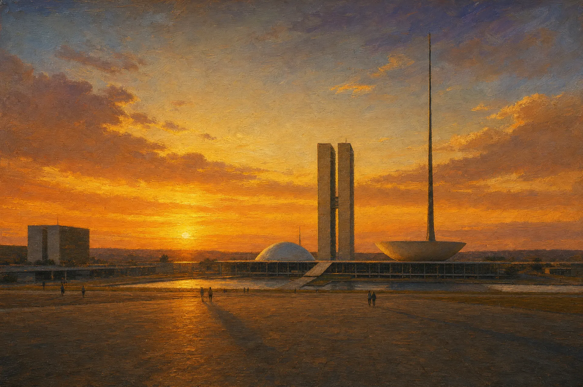 Pintura de época: A Praça dos Três Poderes, em Brasília, onde a Bandeira Nacional tremula dia e noite.