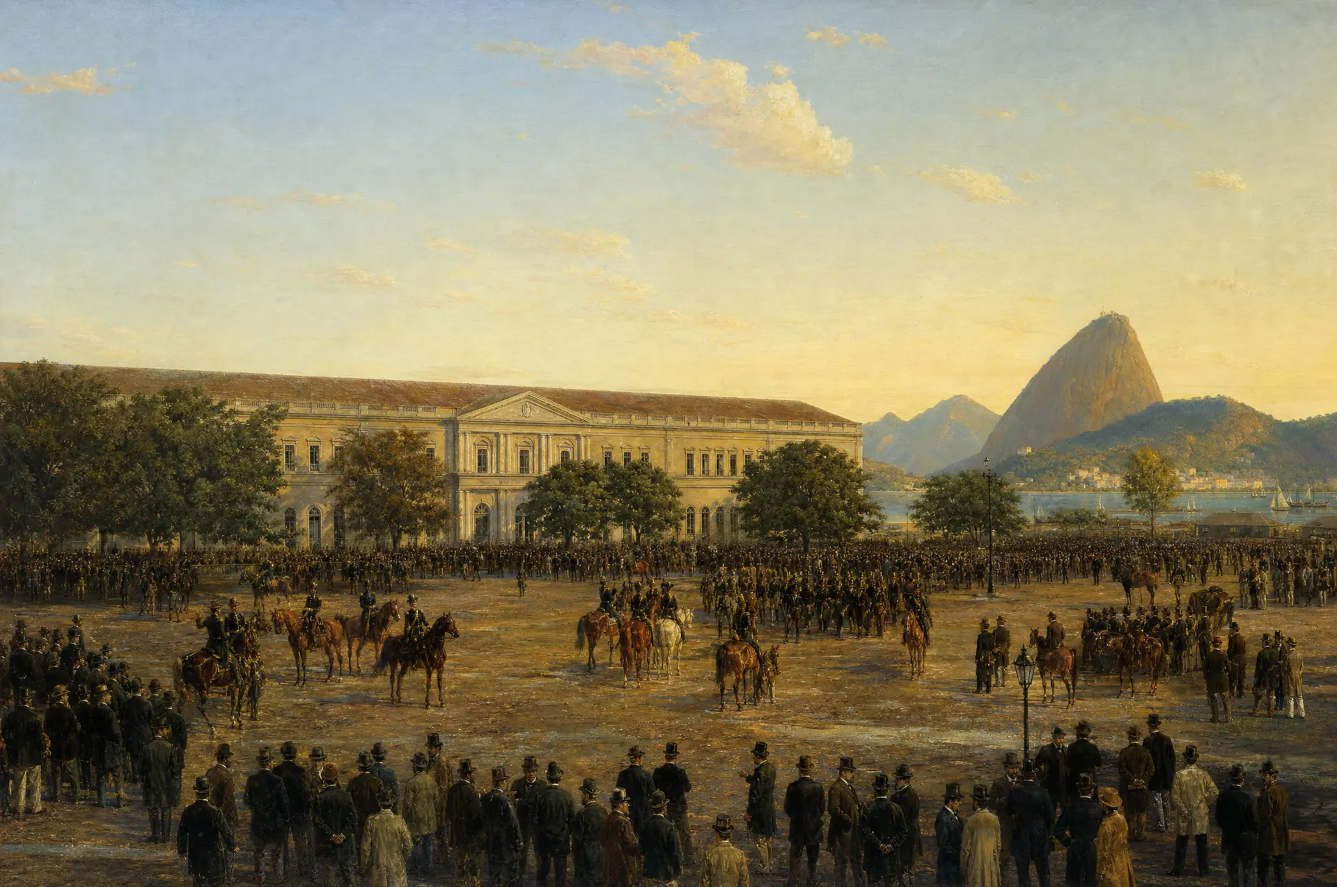 Pintura de época: Tropas e povo no Rio de Janeiro, na manhã de 15 de novembro de 1889.