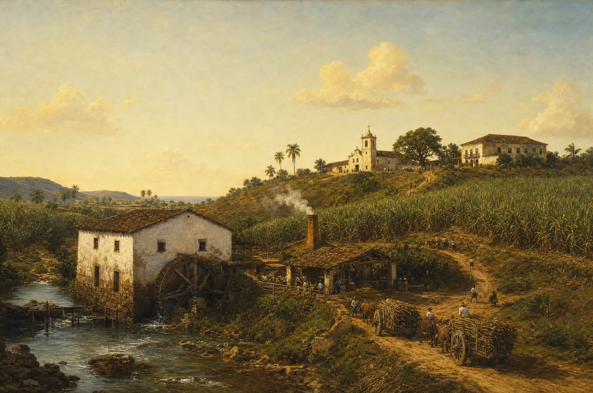 Pintura de época: Um engenho de açúcar em Pernambuco, o centro da economia colonial no século XVII.