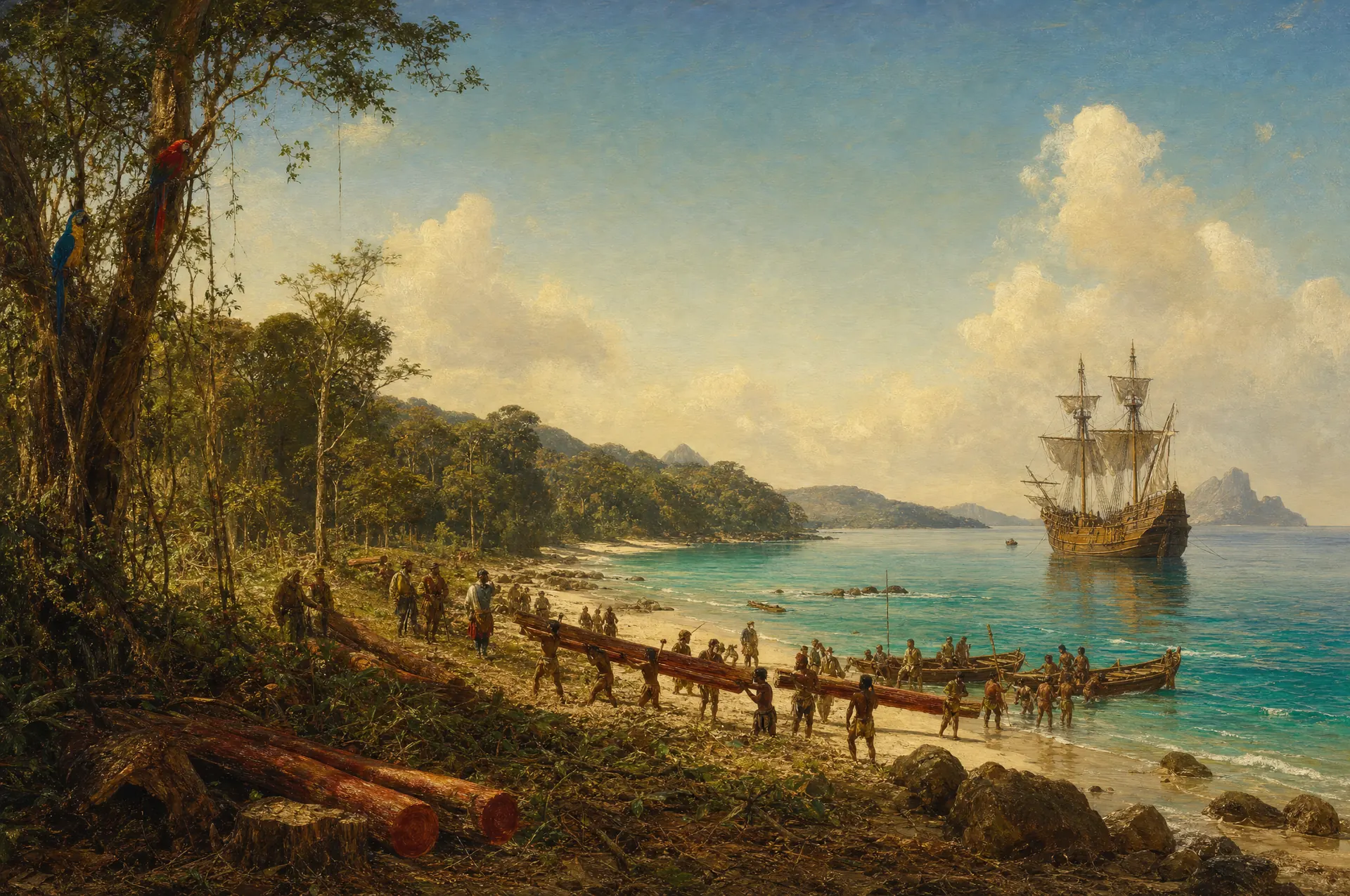 Pintura de época: Portugueses e tupis levam toras de pau-brasil para os barcos, nas primeiras décadas da colônia.